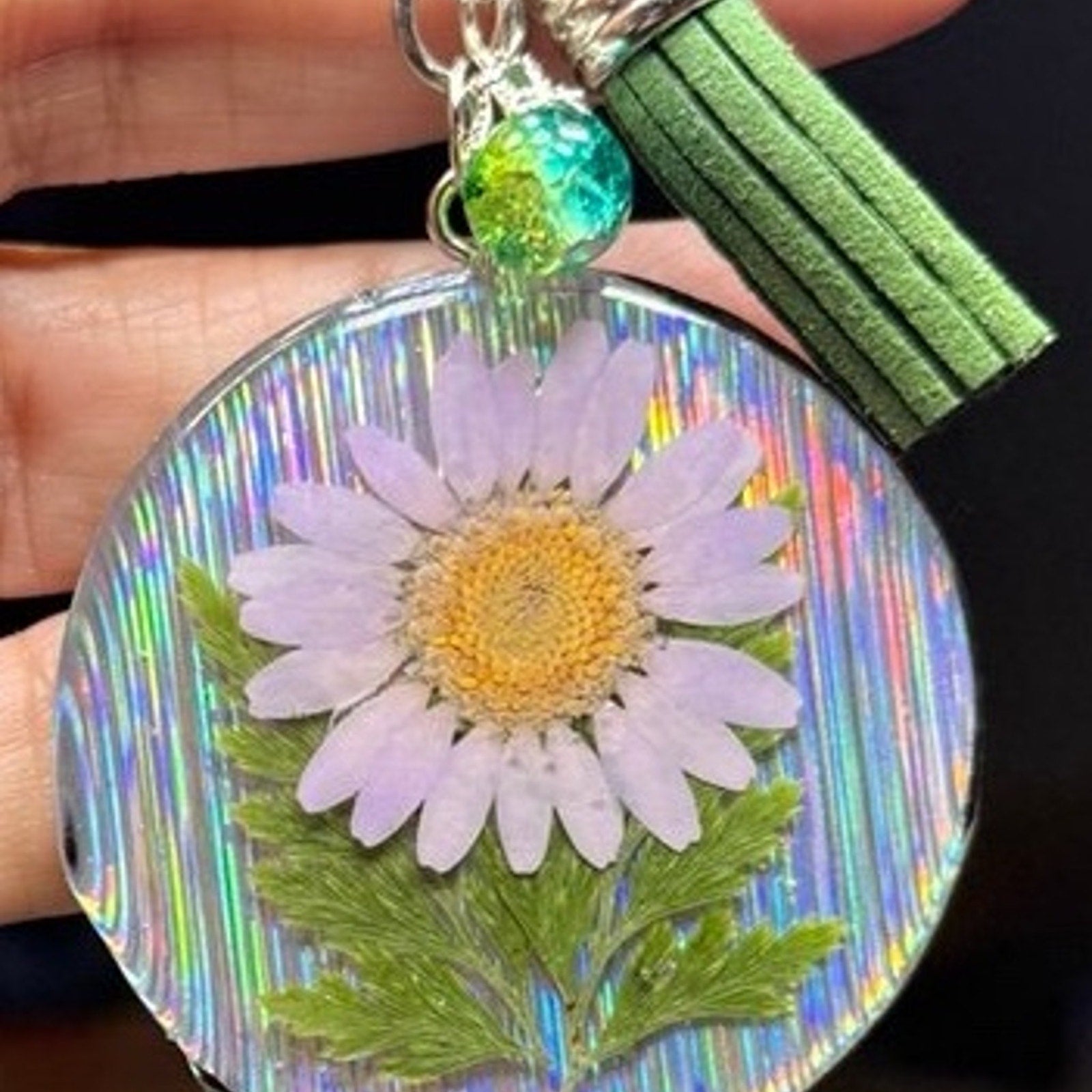 Holographic Pressed Flower Keychain w/ Green Tassel Charm and Glass Bead