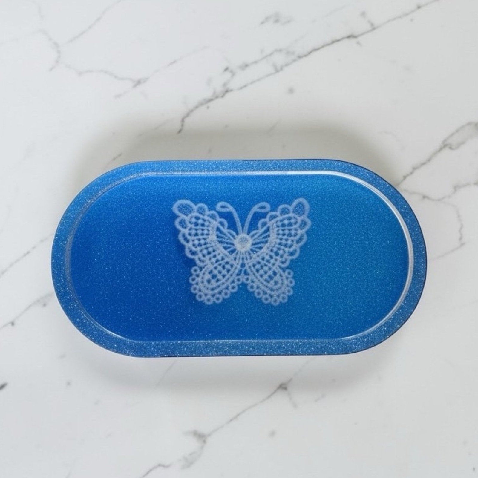 Handmade Real Lace Butterfly Trinket Tray Epoxy Resin Jewelry Dish Catchall