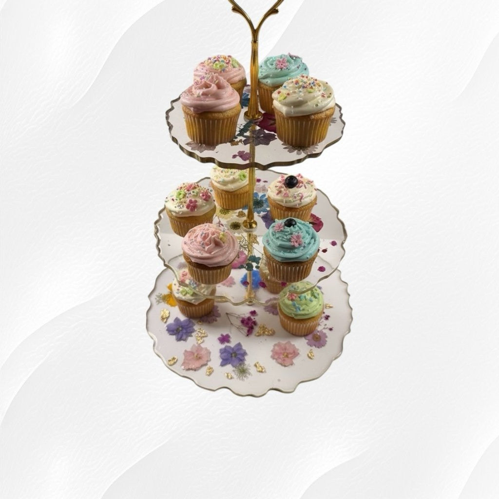 Handmade Pressed Flower Resin 3 Tier Tray Gold Tea Party Display—Forever Bloom