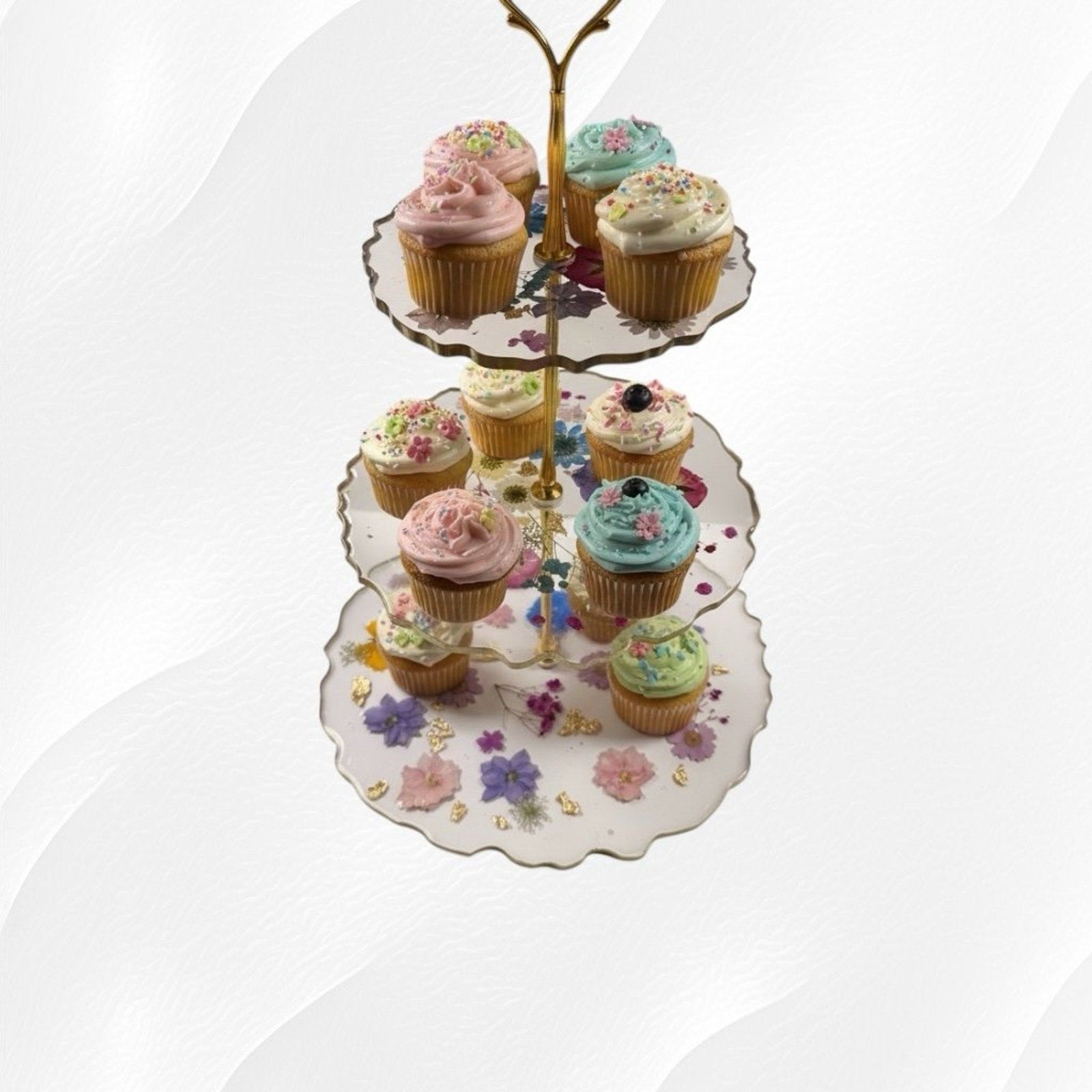 Handmade Pressed Flower Resin 3 Tier Tray Gold Tea Party Display—Forever Bloom