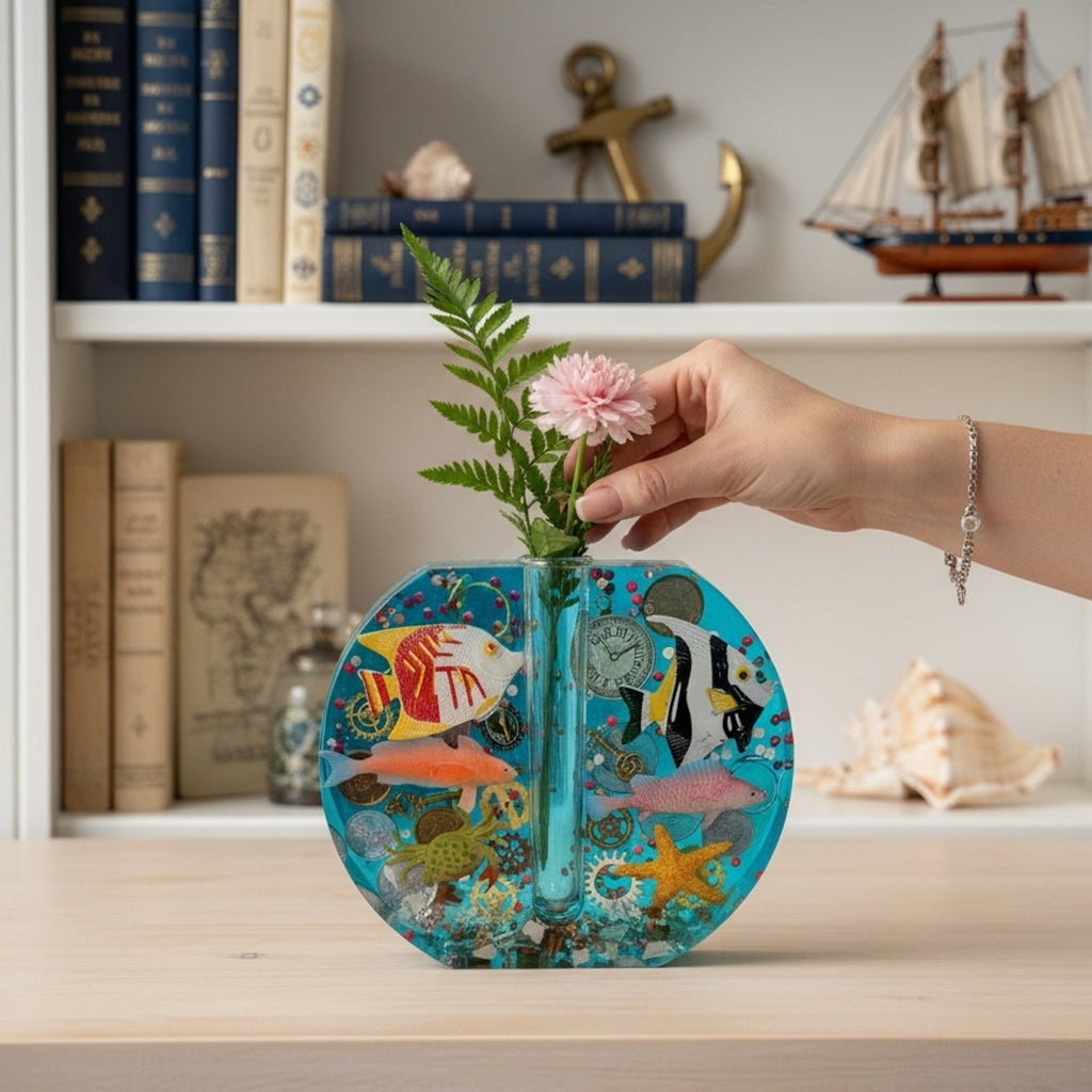 Handmade Resin Bud Vase | Steampunk Ocean Decor | Fish & Gear Curiosity | One-of