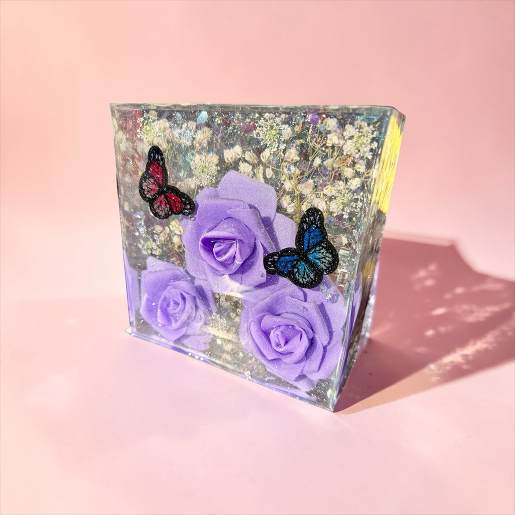 Large EpoxyResin Shelf Sitter Purple Rose Butterfly Decor Bookend Art Desk Decor