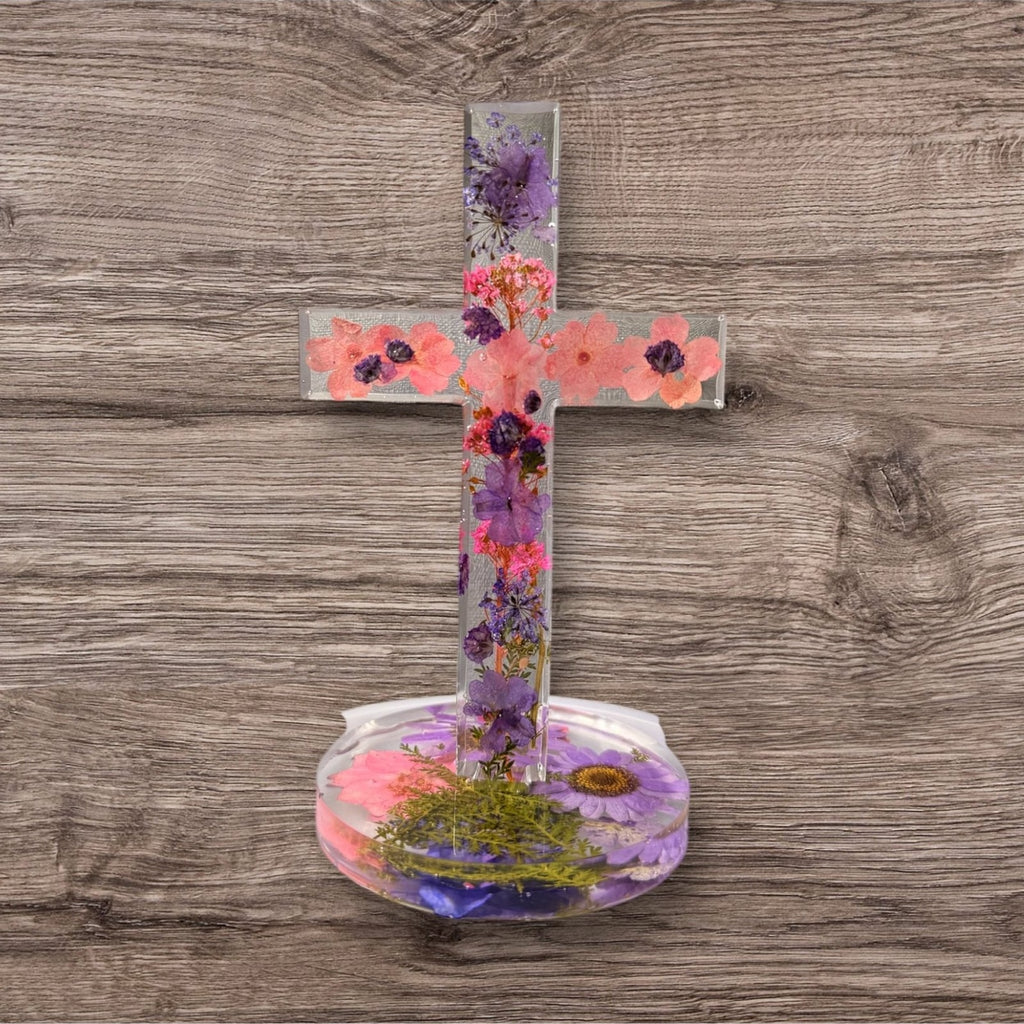 Handmade Floral Resin Cross w/ Pressed Flowers—Lenten Gift Handmade Faith Decor