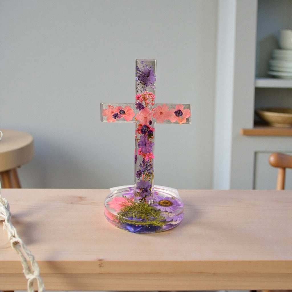 Handmade Floral Resin Cross w/ Pressed Flowers—Lenten Gift Handmade Faith Decor