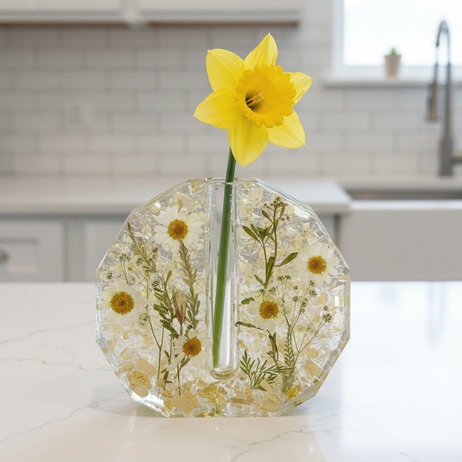 Handcrafted Resin Floral Vase Botanical with Gold Fireglass and Pressed Daisies