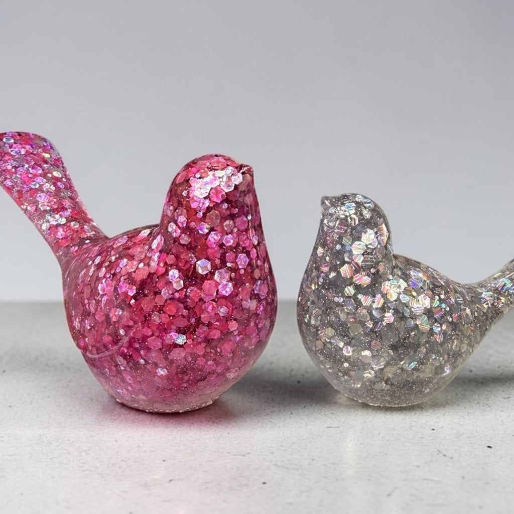 Handmade Glitter Epoxy Resin Bird Figurines • Pink & Silver Shelf Decor Set