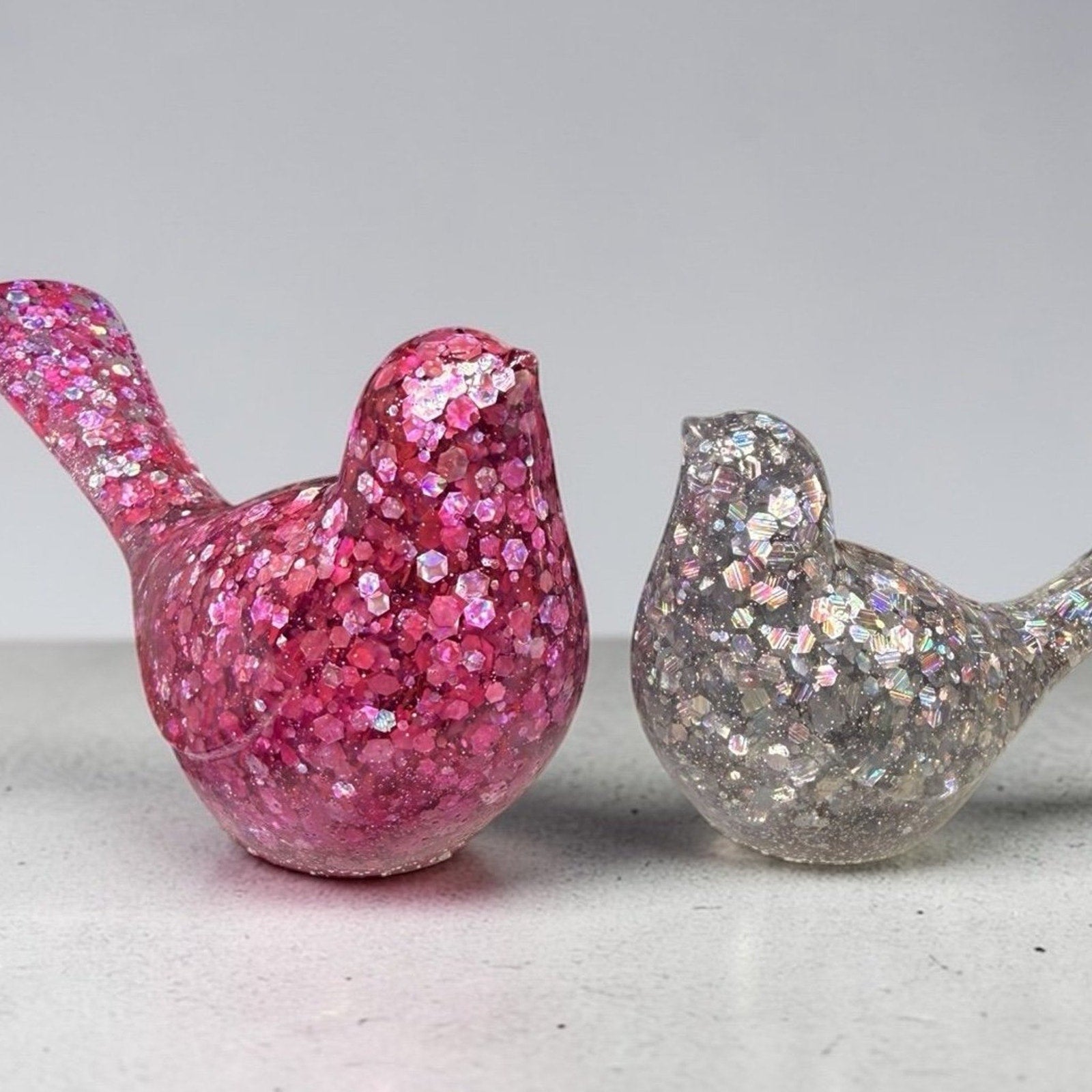 Handmade Glitter Epoxy Resin Bird Figurines • Pink & Silver Shelf Decor Set