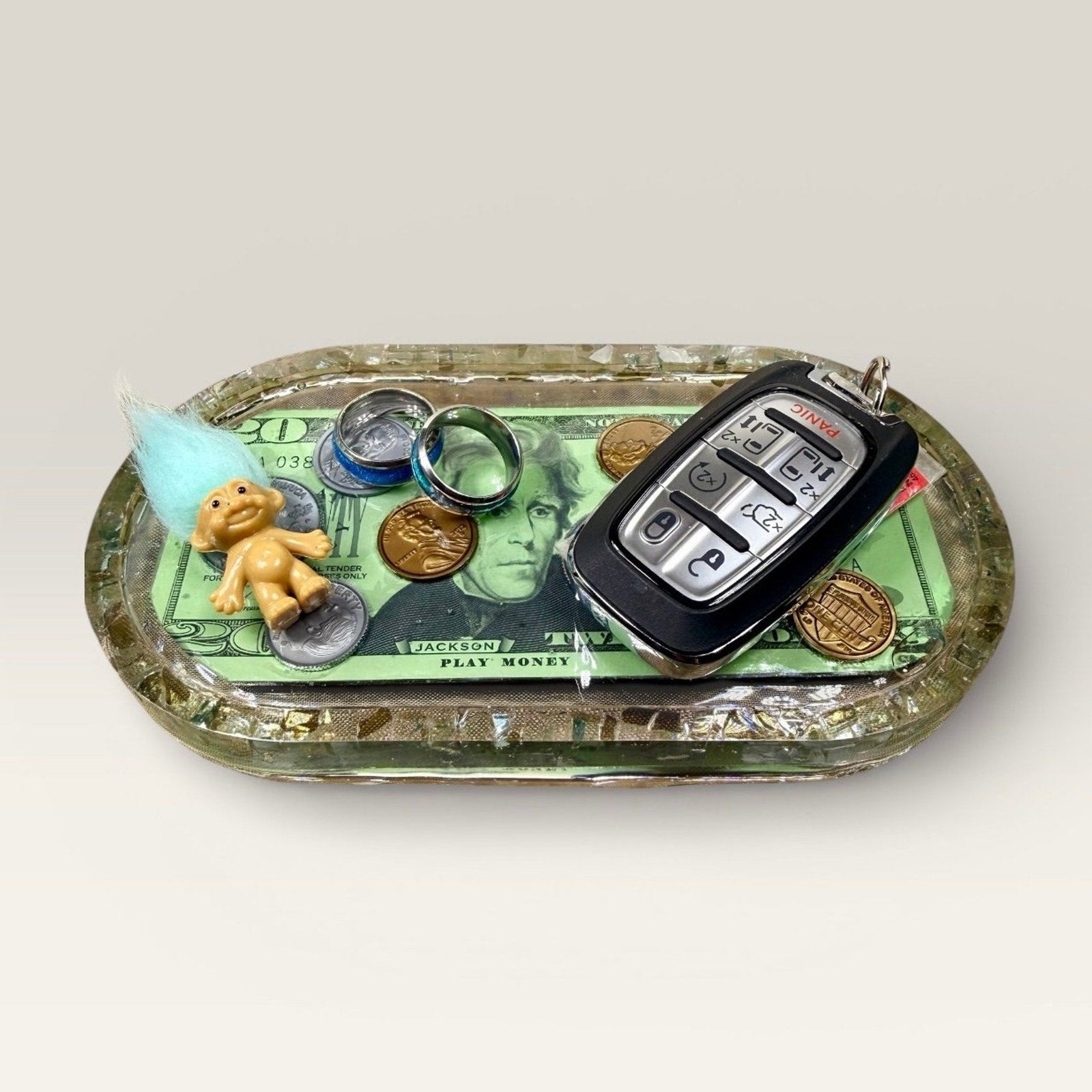 Handmade Resin Trinket Tray -Abundance Theme- Play Money- Make it Rain- Gift