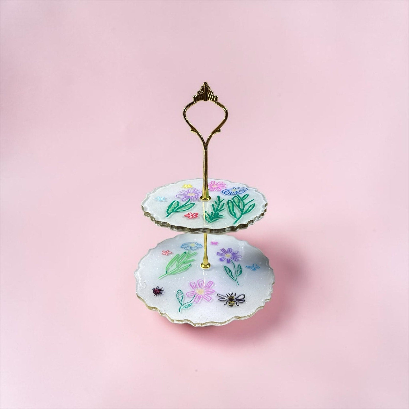 2 Tier Tray Hand Painted Floral Bee Dessert Stand Boho Handcrafted epoxy resin