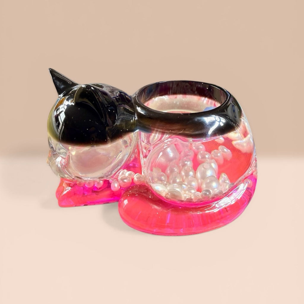 Resin Remnant Creation Sleeping Cat Tea Light Holder Pink Glow Pearl