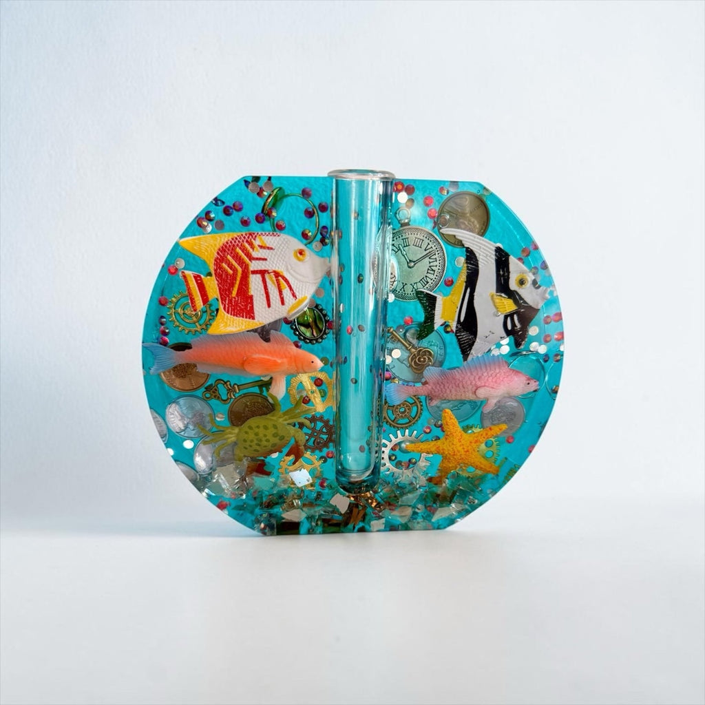 Handmade Resin Bud Vase | Steampunk Ocean Decor | Fish & Gear Curiosity | One-of