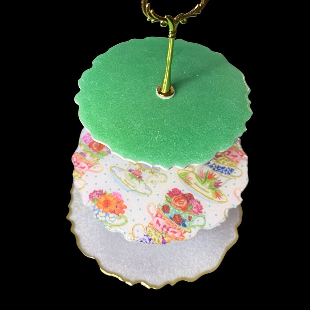 Handmade 3 Tier Resin Tea Party Tray | Floral Dessert Stand | Gold Handle Decor