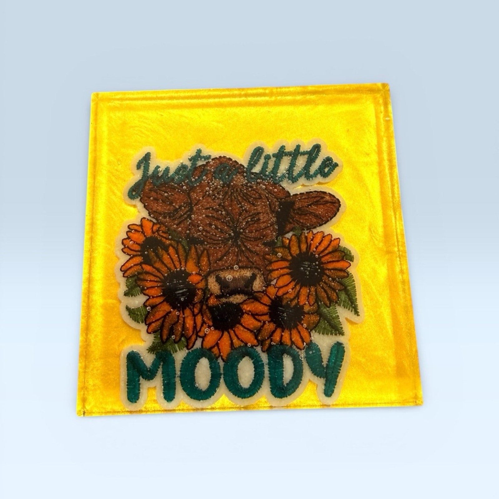 Handmade Set of 4 Retro Highland Cow Resin Coasters –Sunflower Boho Vibes