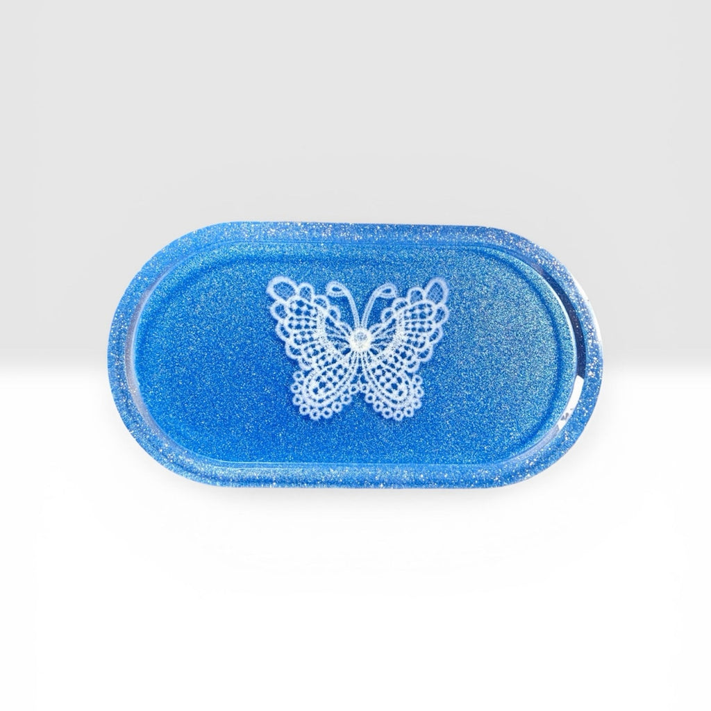 Handmade Real Lace Butterfly Trinket Tray Epoxy Resin Jewelry Dish Catchall