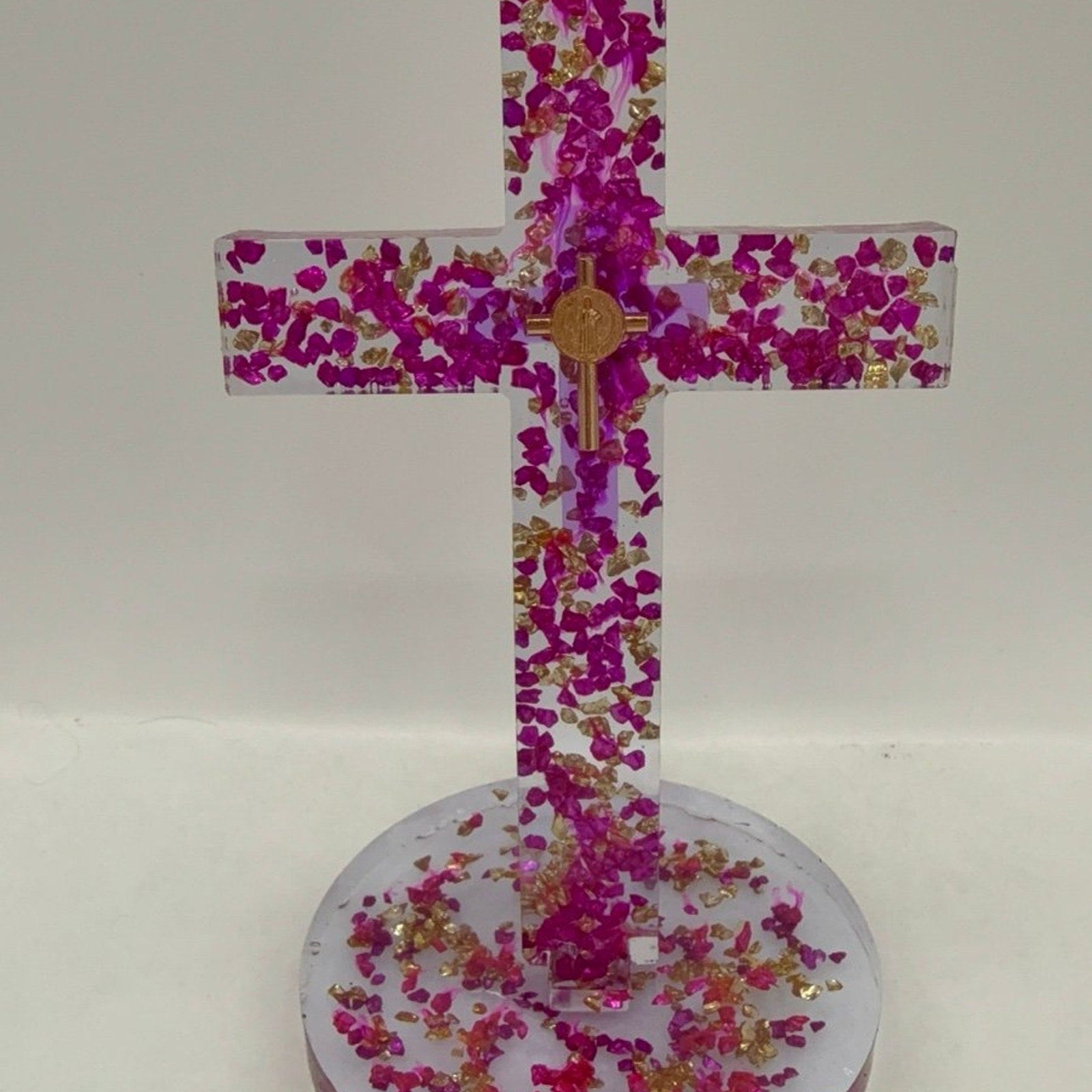 Handmade Resin Cross with Base |Crushed Glass Cross with Medallion—Lenten Gift