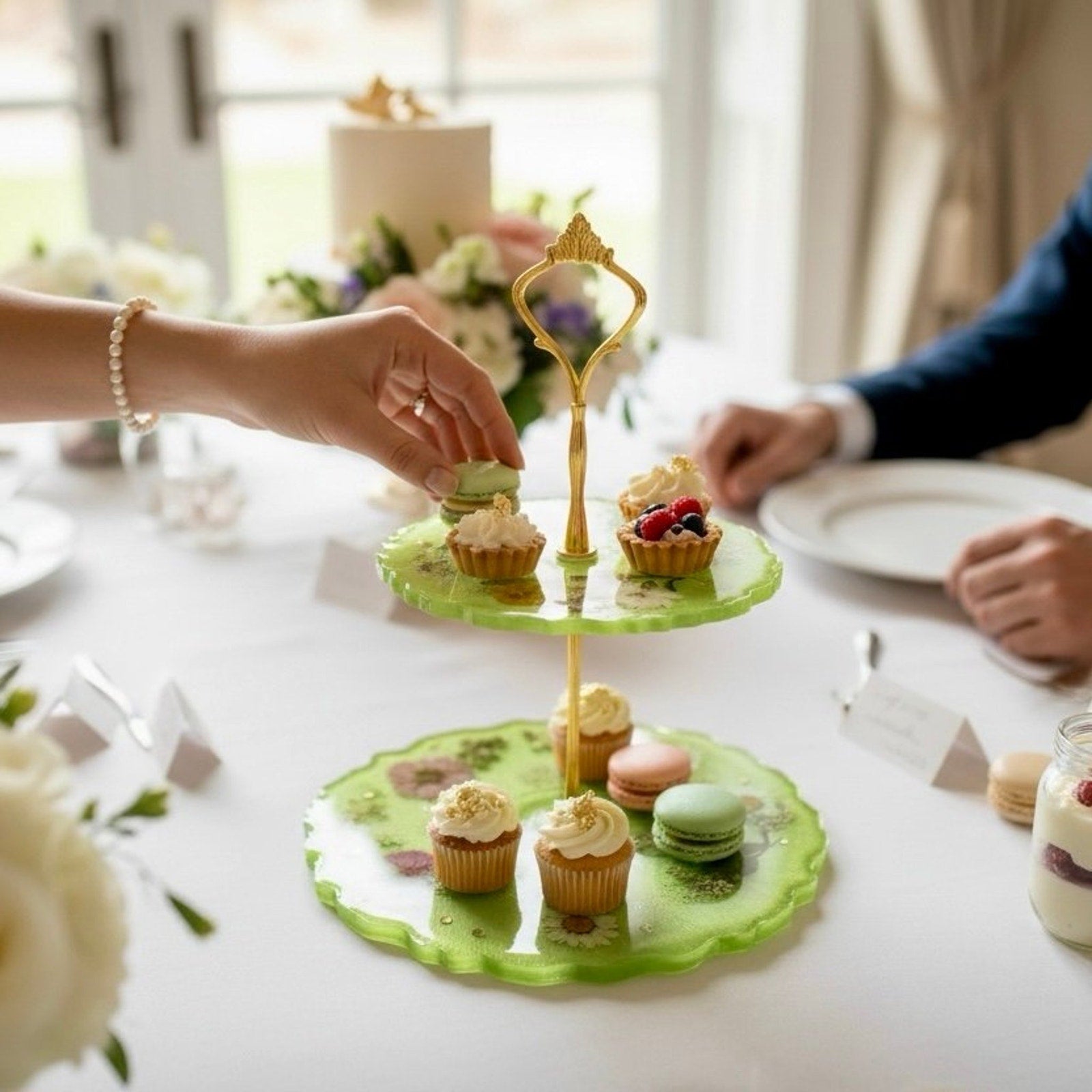 Handcrafted Resin 2 Tier Tray Pressed Flowers Green Gold Stand Botanical Decor