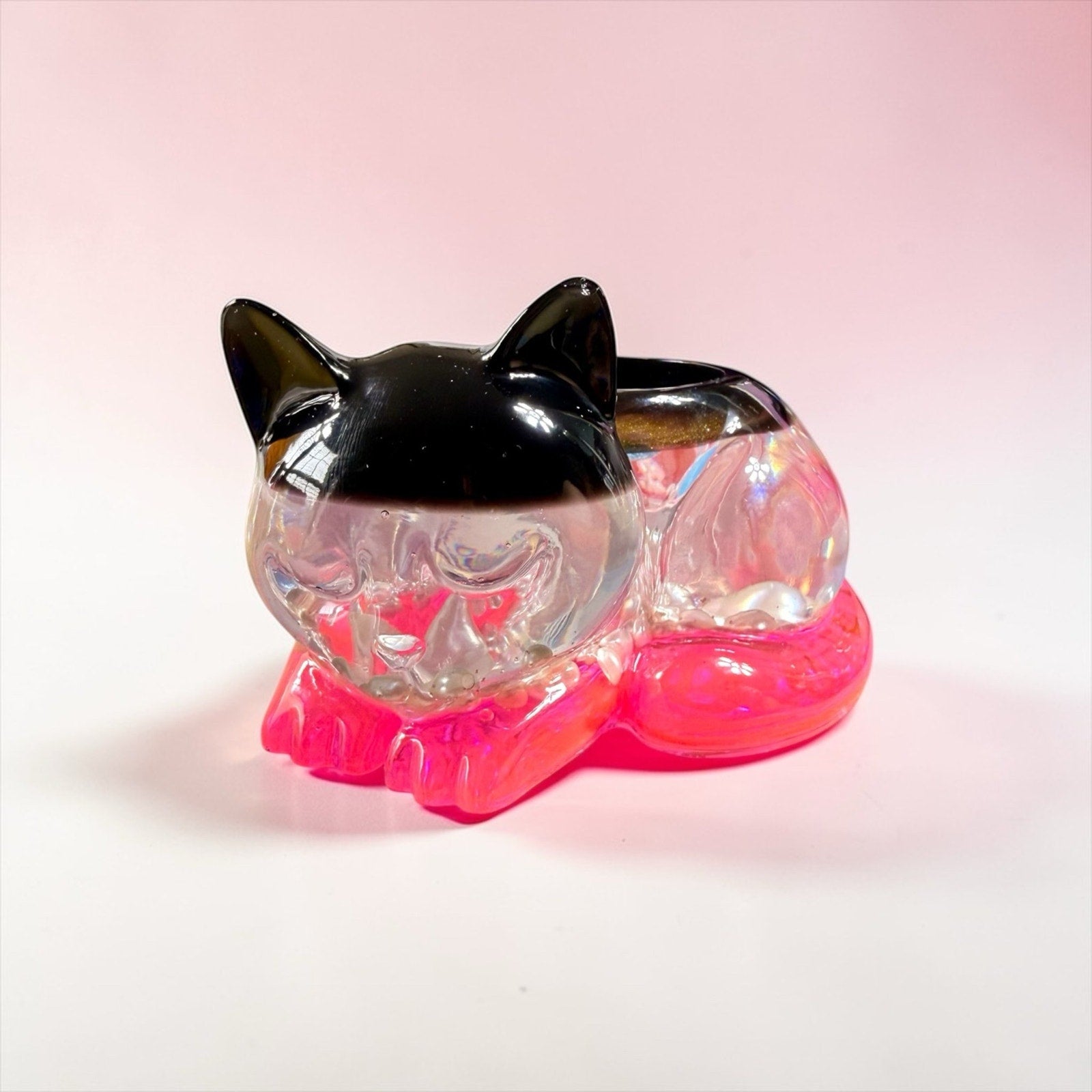 Resin Remnant Creation Sleeping Cat Tea Light Holder Pink Glow Pearl