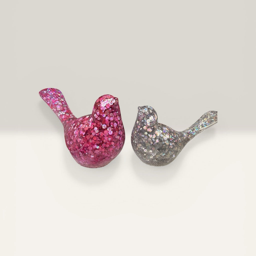 Handmade Glitter Epoxy Resin Bird Figurines • Pink & Silver Shelf Decor Set