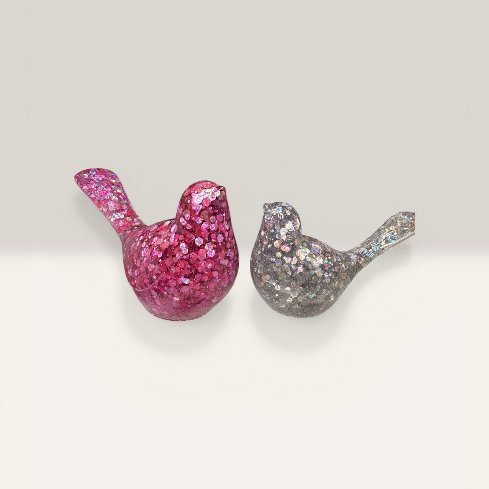 Handmade Glitter Epoxy Resin Bird Figurines • Pink & Silver Shelf Decor Set
