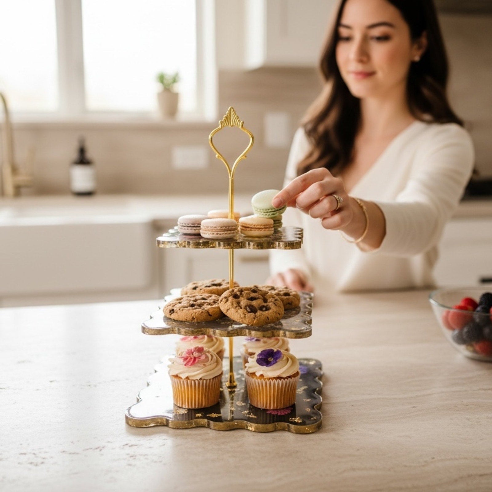Noir Botanica Tiered Stand | Handcrafted 3 Tier Resin Serving Tray | Elegant