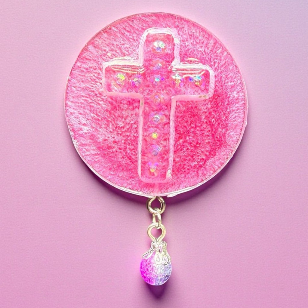 Handmade Resin Cross Magnet Faith Christian Gift Pink Rhinestone Cross w/ Bead