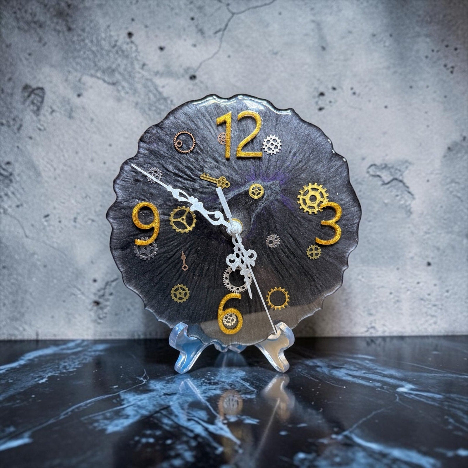 Steampunk Clock Gear Wall Decor Black Gold Industrial Handcrafted Epoxy Resin