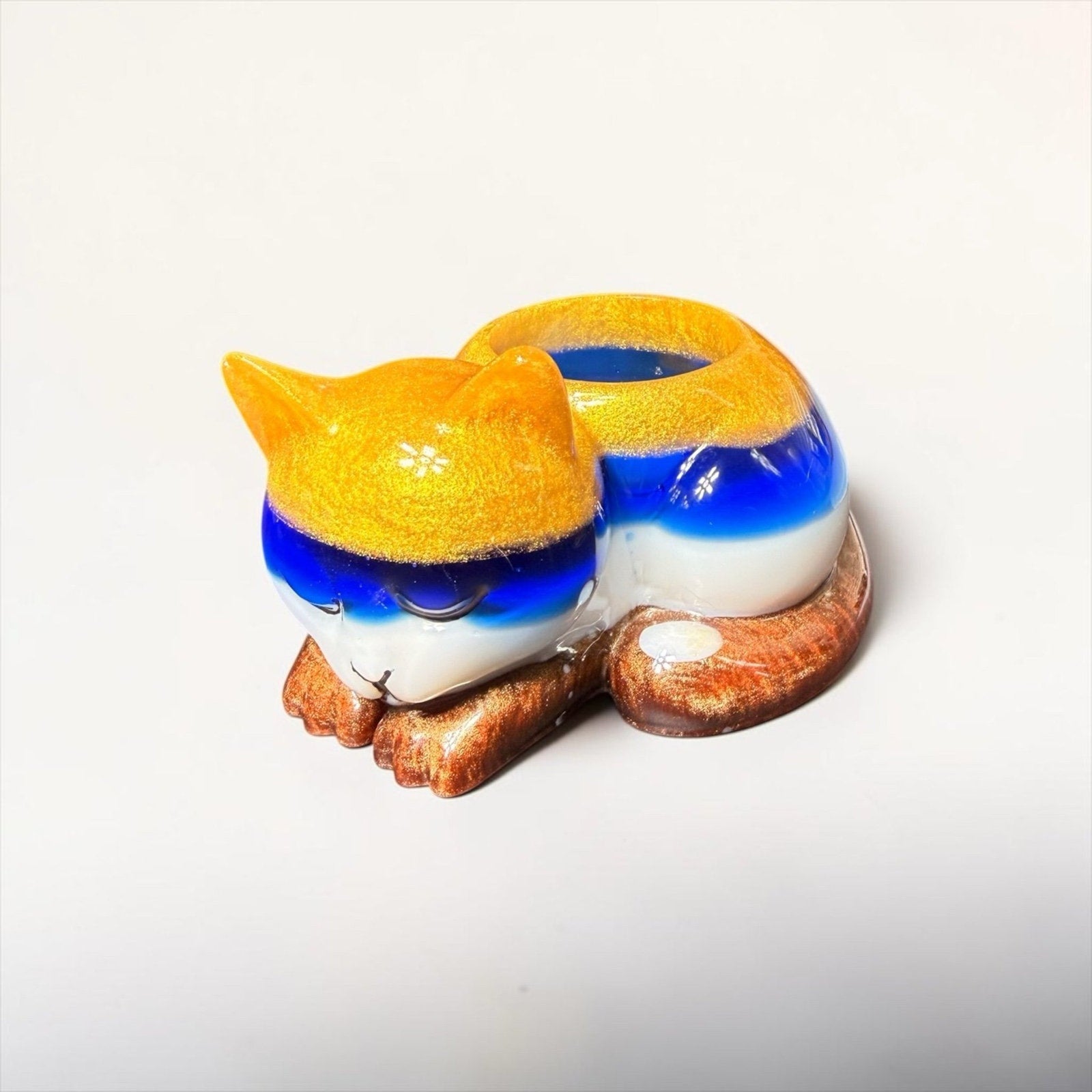 Handmade Resin Sleeping Cat Tea Light Holder Blue Gold Remnant Art
