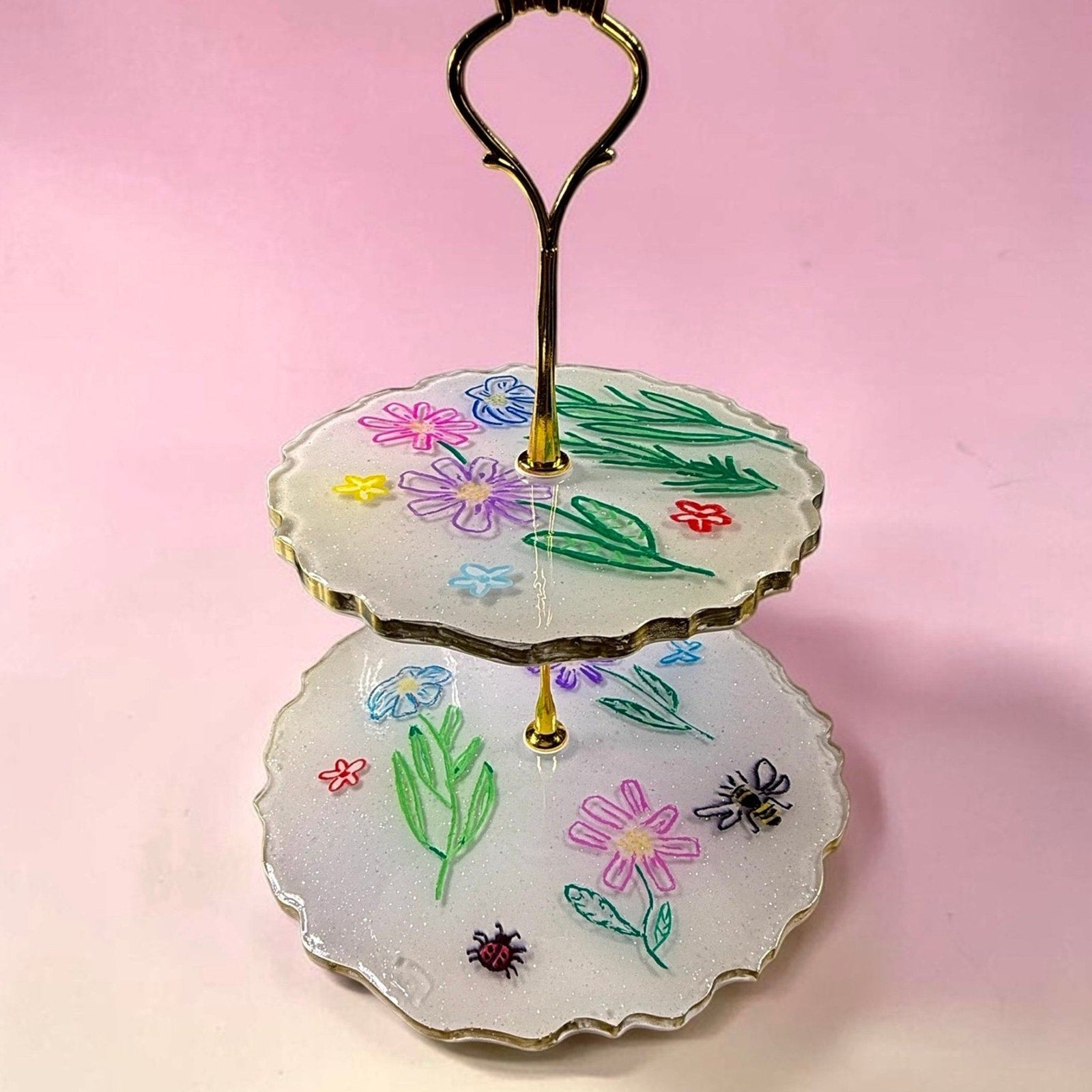2 Tier Tray Hand Painted Floral Bee Dessert Stand Boho Handcrafted epoxy resin