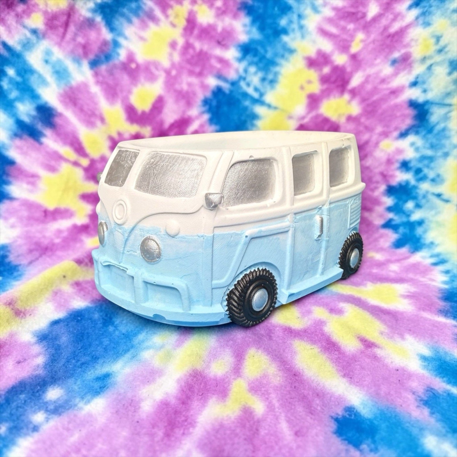 VW Bus Planter Retro Boho Decor 70s Hippie Van Organizer Blue White Eco Resin