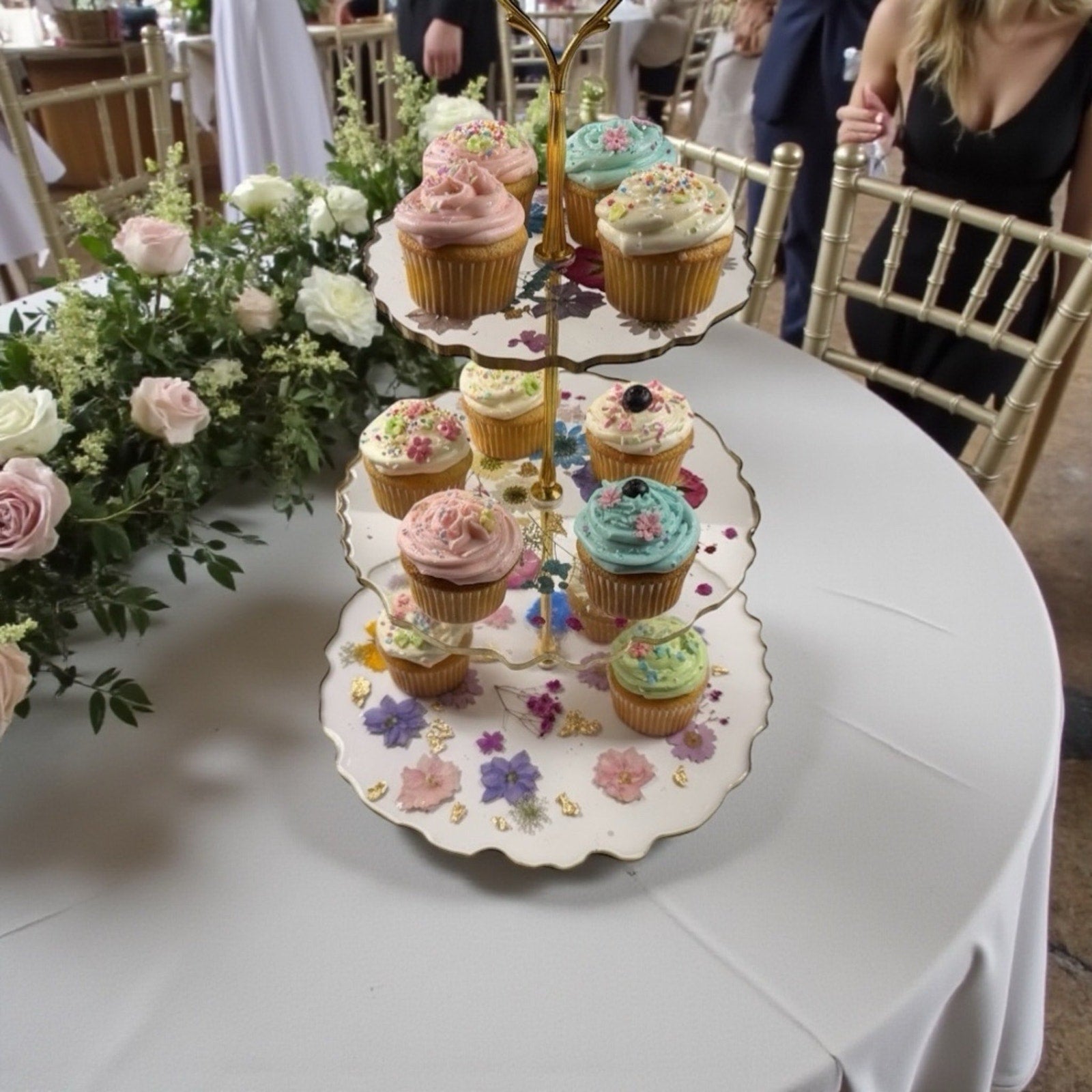 Handmade Pressed Flower Resin 3 Tier Tray Gold Tea Party Display—Forever Bloom