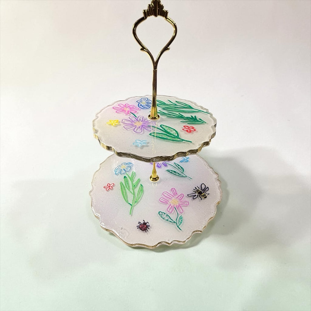 2 Tier Tray Hand Painted Floral Bee Dessert Stand Boho Handcrafted epoxy resin