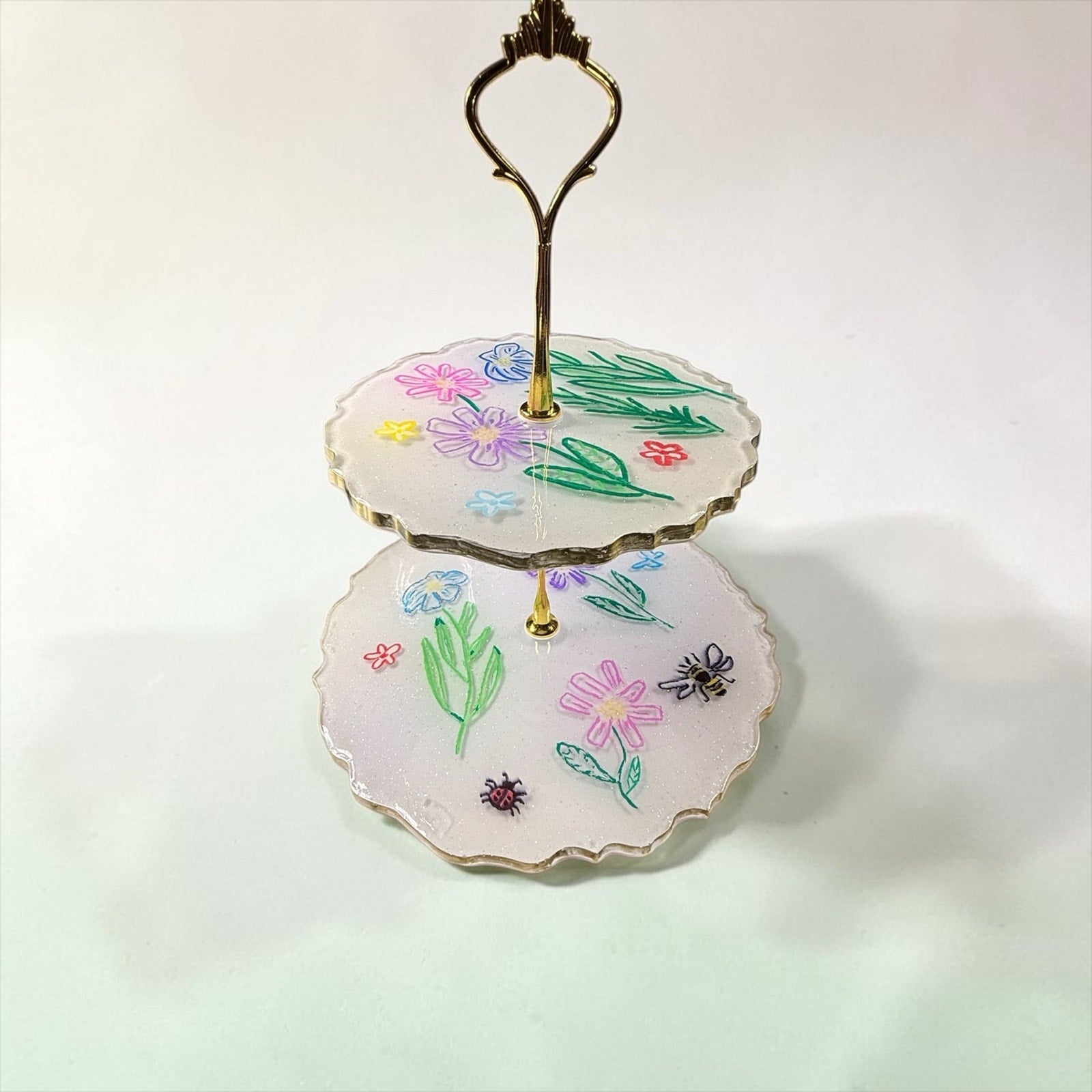2 Tier Tray Hand Painted Floral Bee Dessert Stand Boho Handcrafted epoxy resin