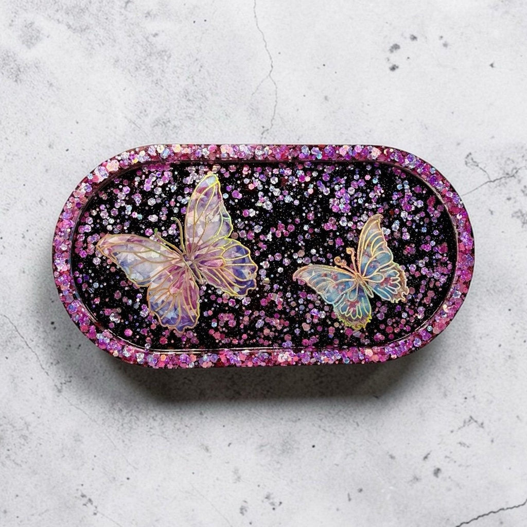 Handmade Butterfly Epoxy Resin Trinket Tray • Pink Glitter Jewelry Dish