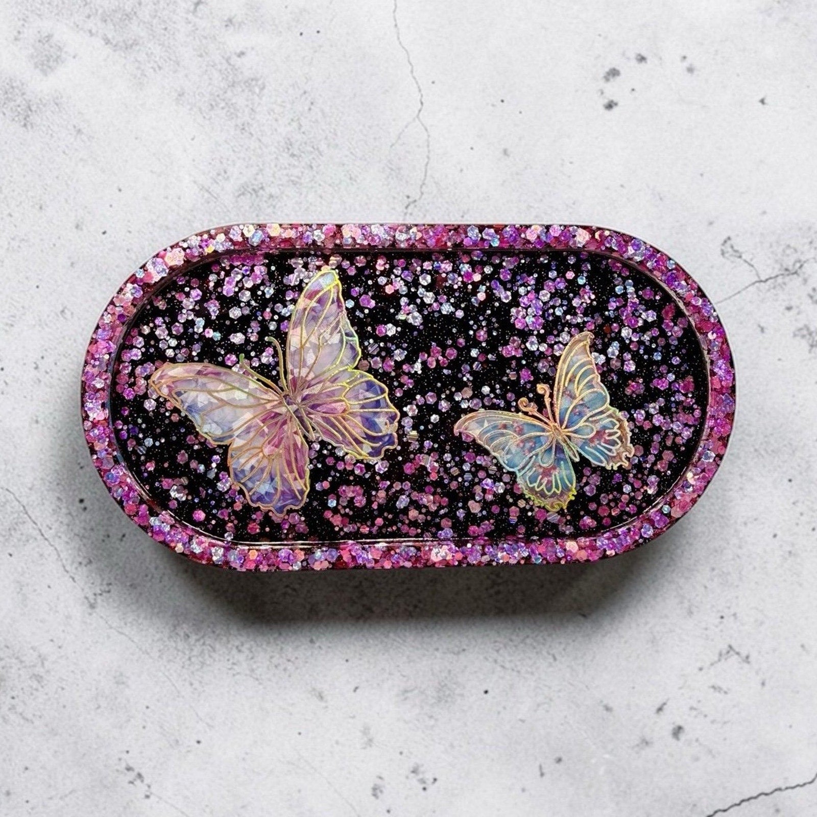 Handmade Butterfly Epoxy Resin Trinket Tray • Pink Glitter Jewelry Dish