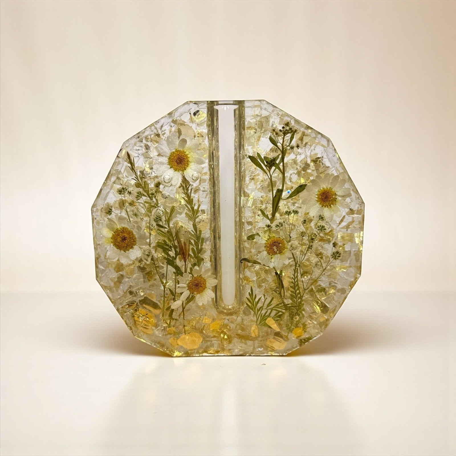Handcrafted Resin Floral Vase Botanical with Gold Fireglass and Pressed Daisies