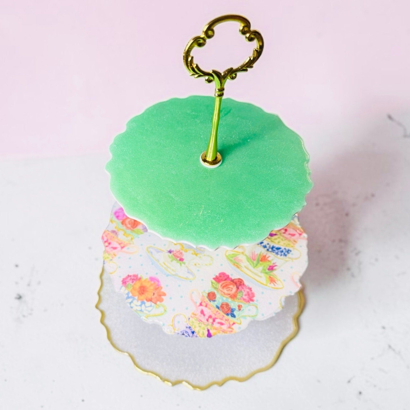 Handmade 3 Tier Resin Tea Party Tray | Floral Dessert Stand | Gold Handle Decor