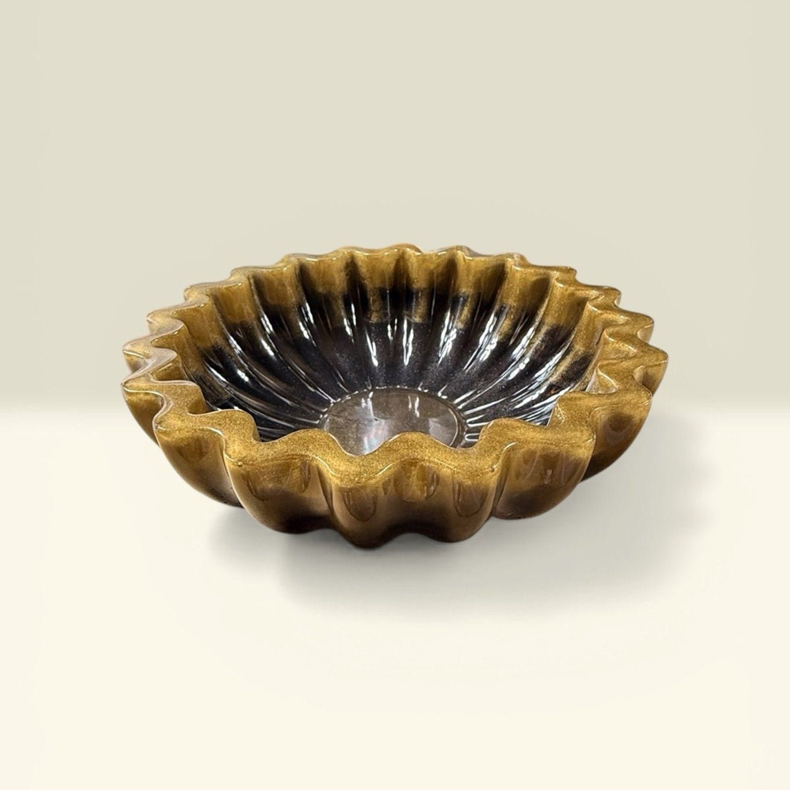 Handcrafted Fluted Epoxy Resin Bowl Gold Black Catchall Dish Vanity Decor Boho
