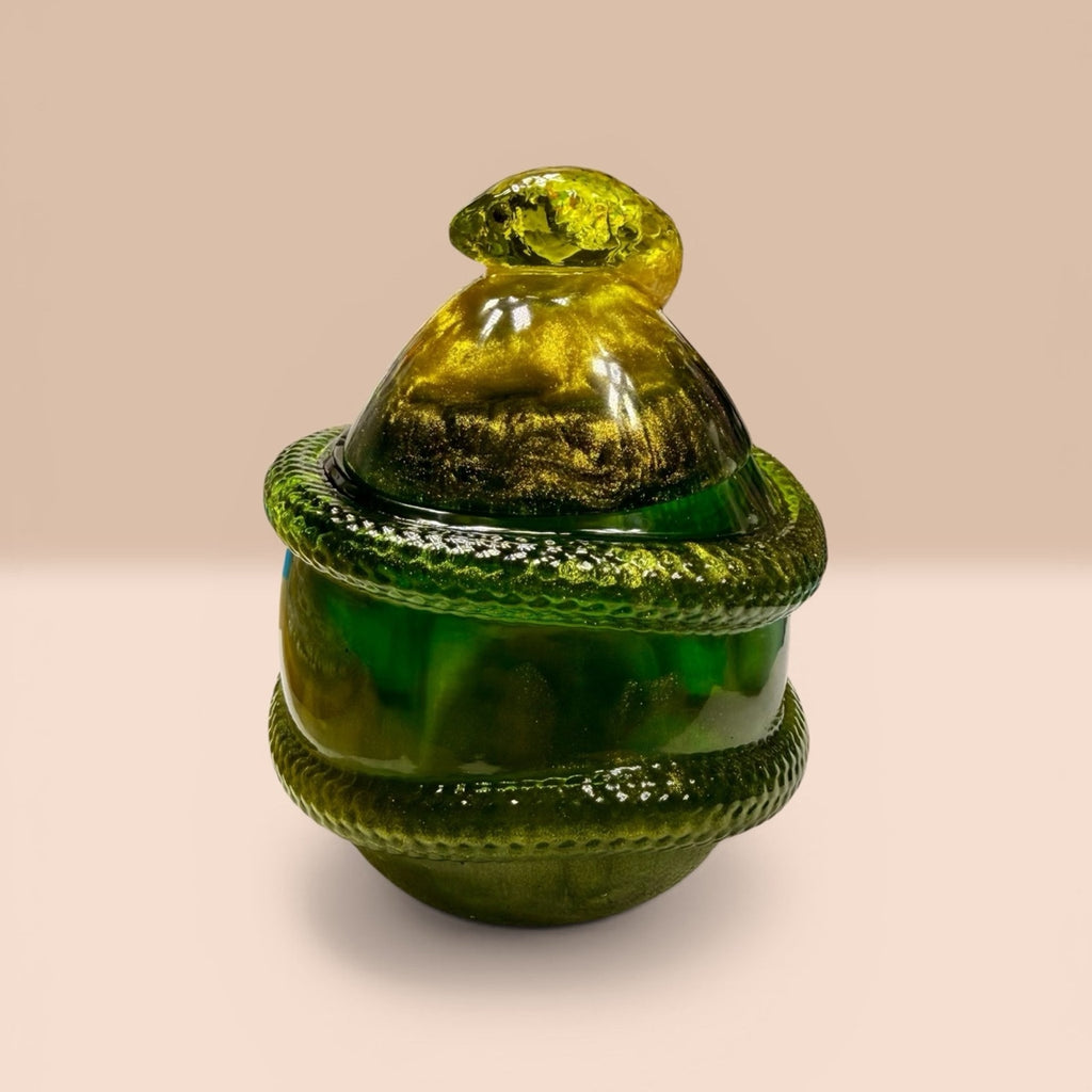 Handcrafted Epoxy Resin Snake Jar Emerald Green Gold Trinket Box Decor Curiosity