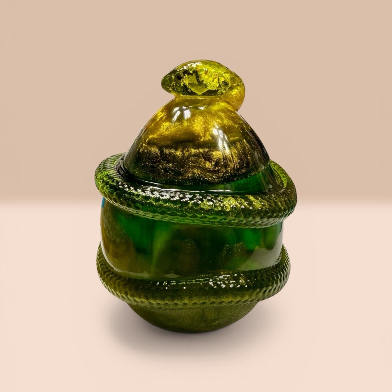 Handcrafted Epoxy Resin Snake Jar Emerald Green Gold Trinket Box Decor Curiosity