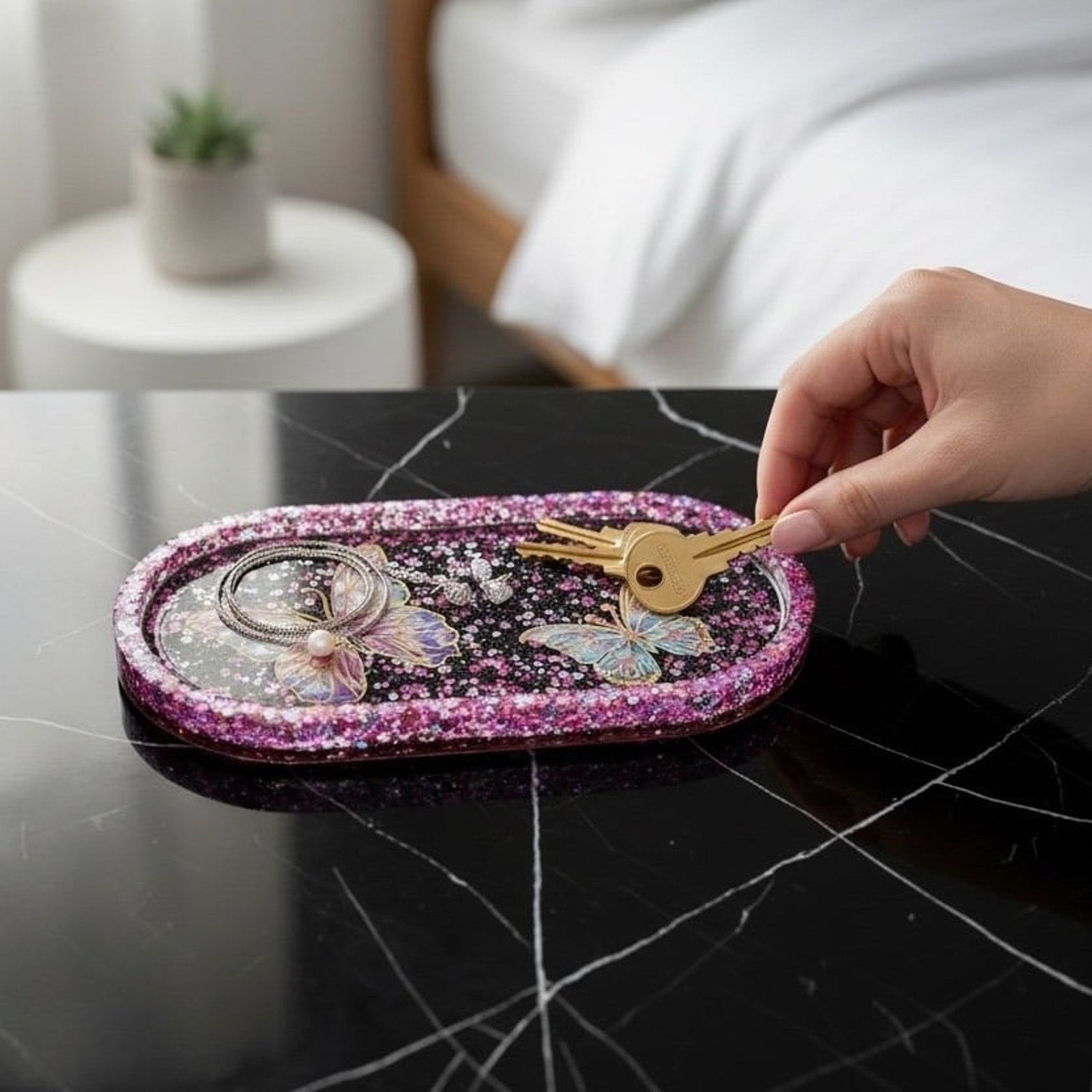 Handmade Butterfly Epoxy Resin Trinket Tray • Pink Glitter Jewelry Dish