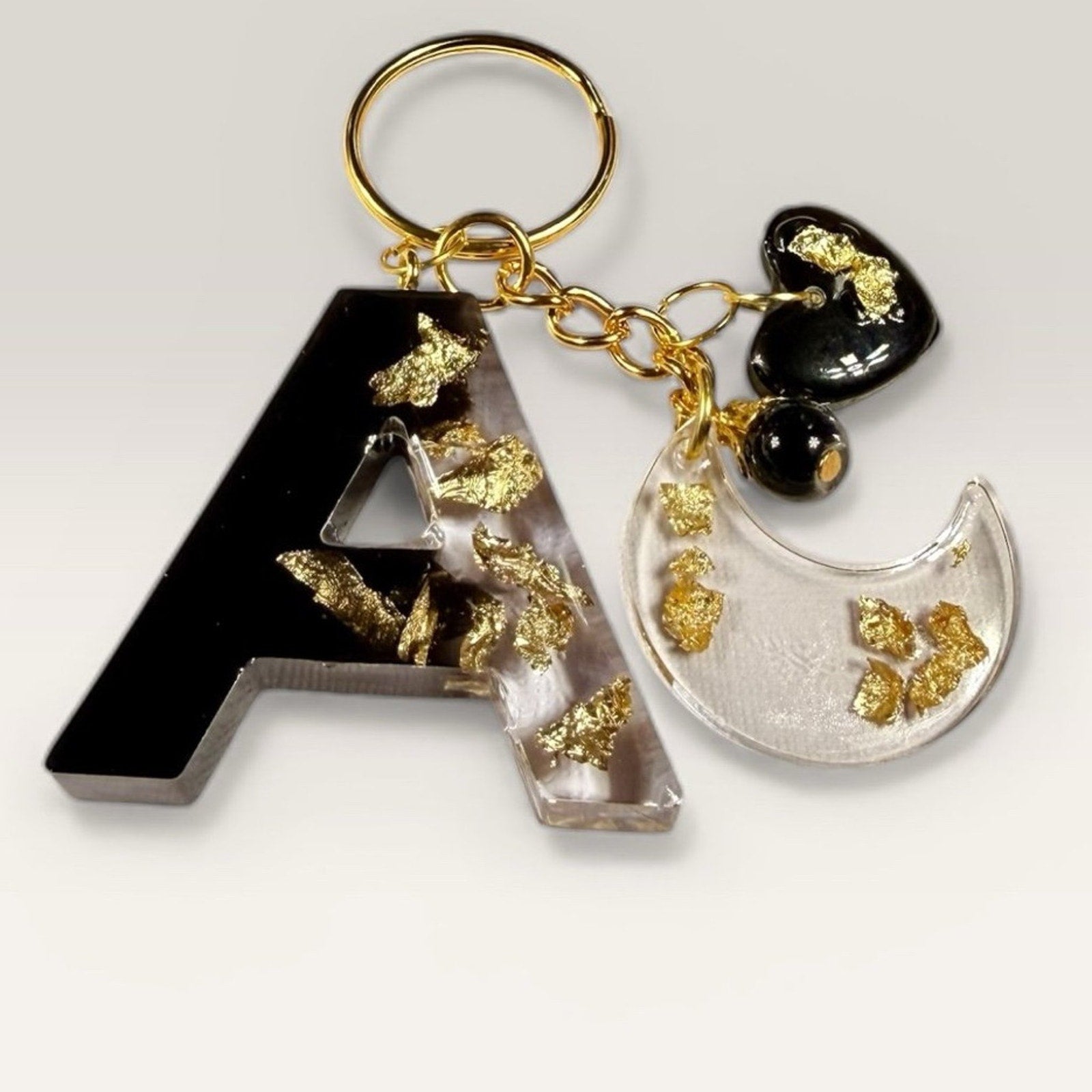 Custom Initial Resin Keychain Black Gold Leaf Personalized Letter Charm