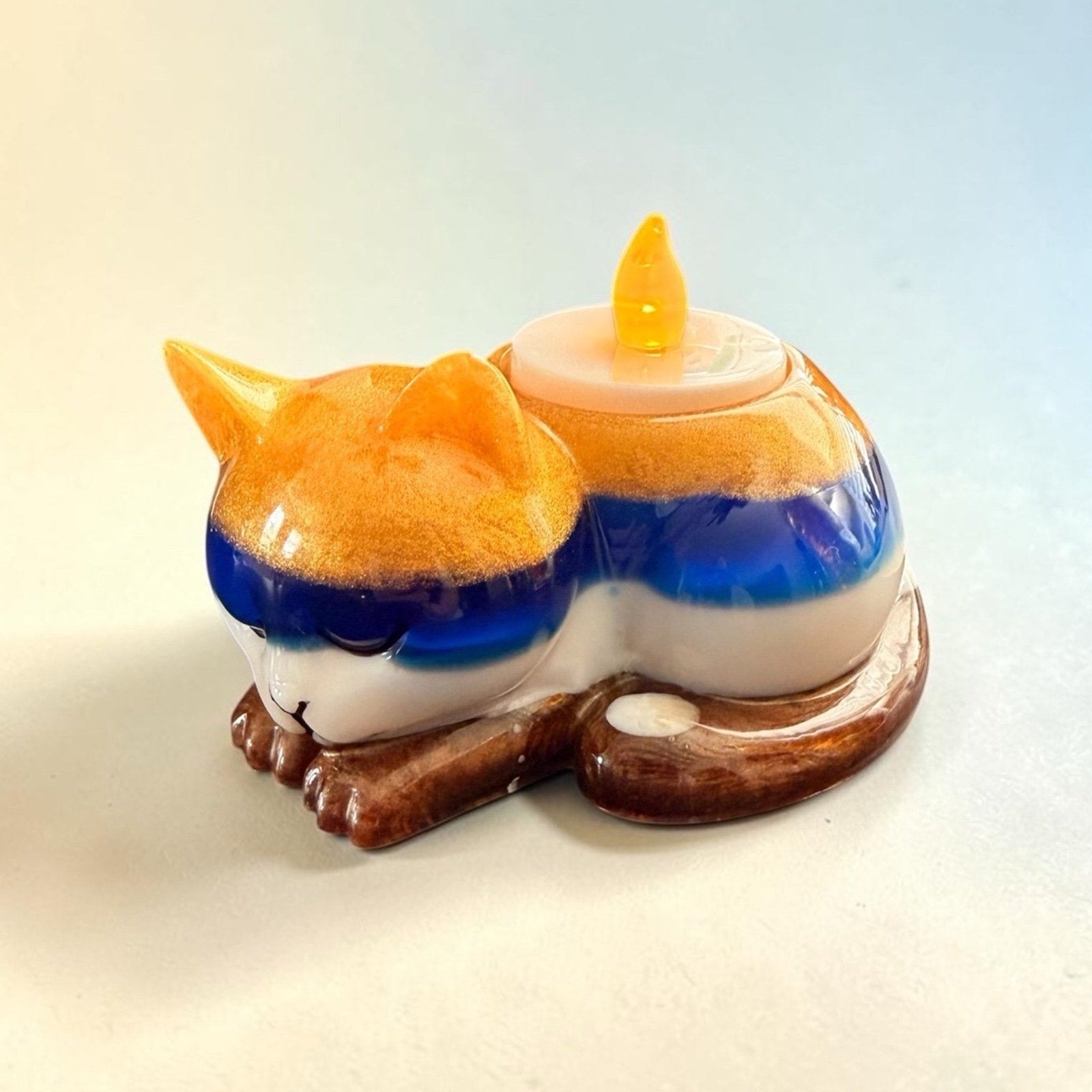 Handmade Resin Sleeping Cat Tea Light Holder Blue Gold Remnant Art
