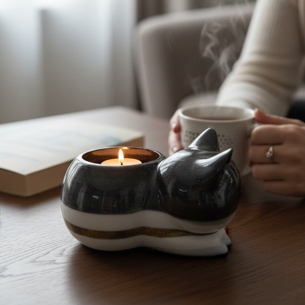 Handcrafted Sleeping Cat Candle Holder | Resin Cat Decor Catchall Cat Lover