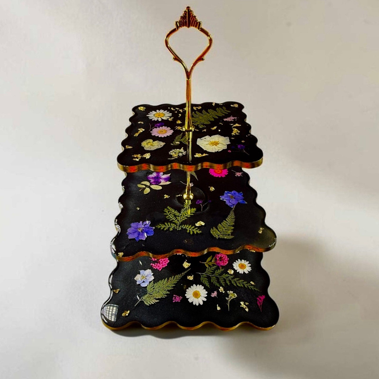 Noir Botanica Tiered Stand | Handcrafted 3 Tier Resin Serving Tray | Elegant