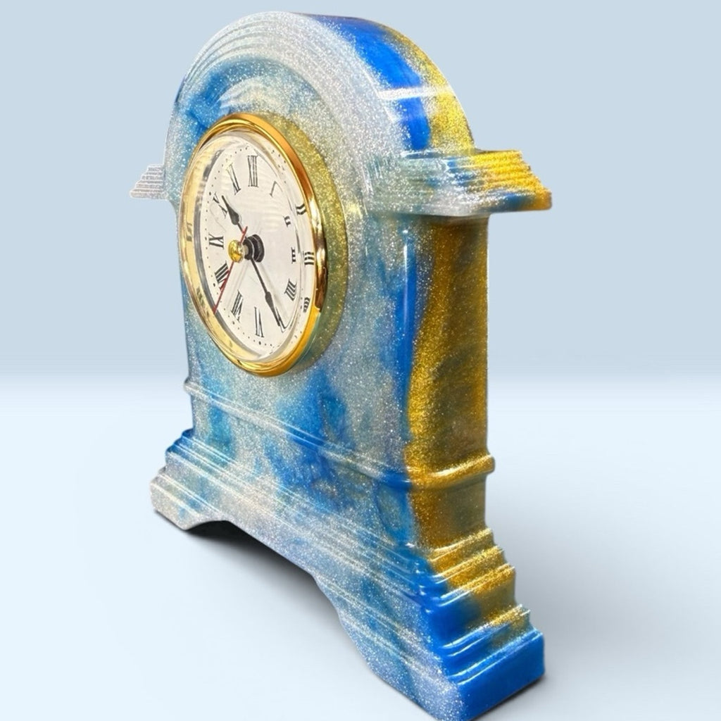 Handcrafted Resin Desk Clock Blue Gold Swirl Functional Art Decor Mantel Clock