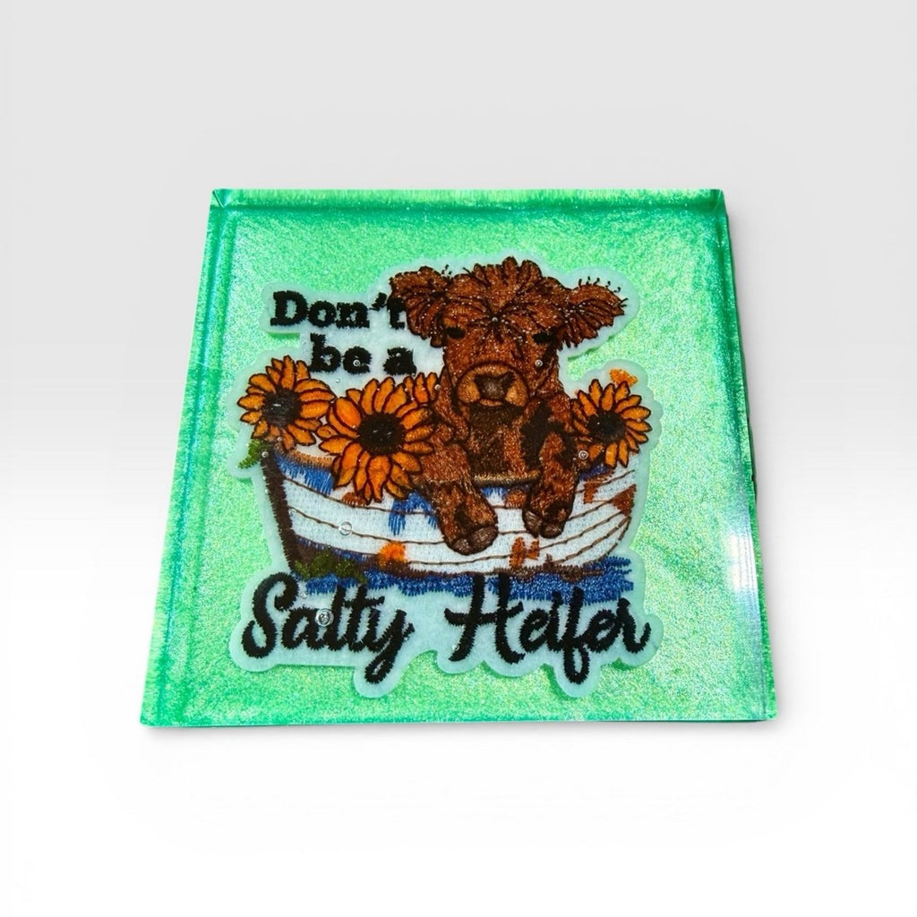 Handmade Set of 4 Retro Highland Cow Resin Coasters –Sunflower Boho Vibes