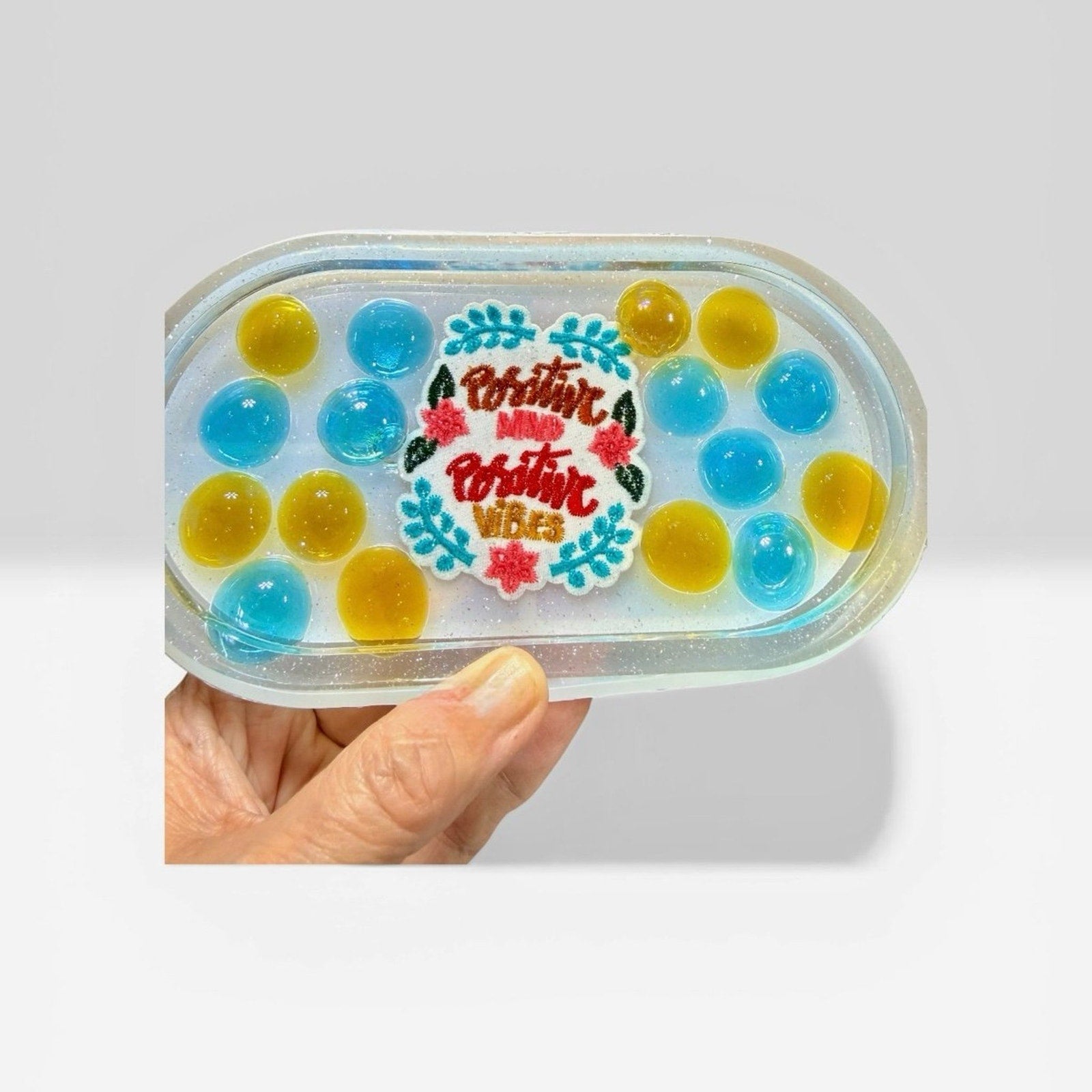 Positive Vibes Resin Trinket Tray Key Dish Catchall Boho Decor with Glass Accent