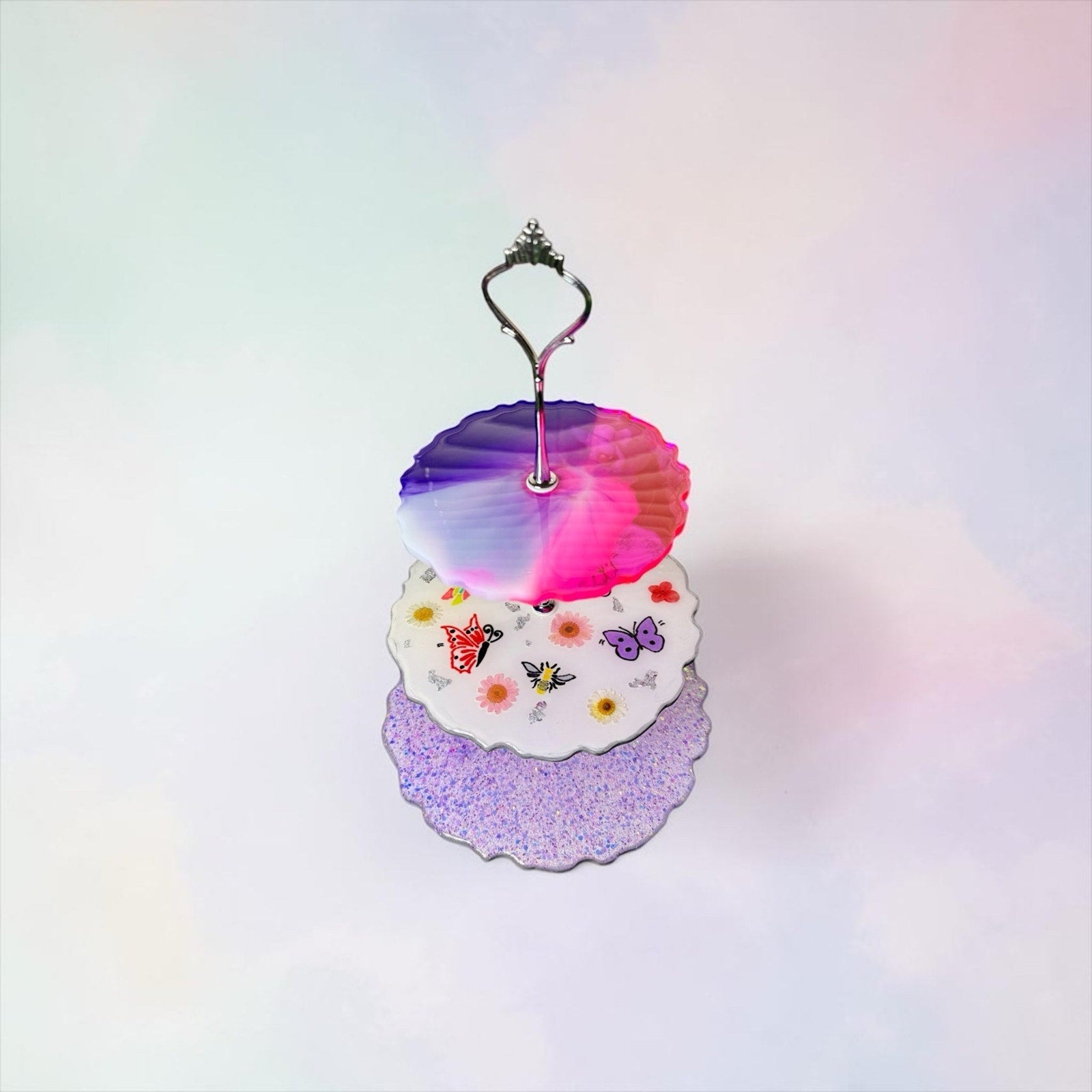 Whimsical 90s Party Time Resin Tier Tray | Fairy Tea Party Decor Glitter
