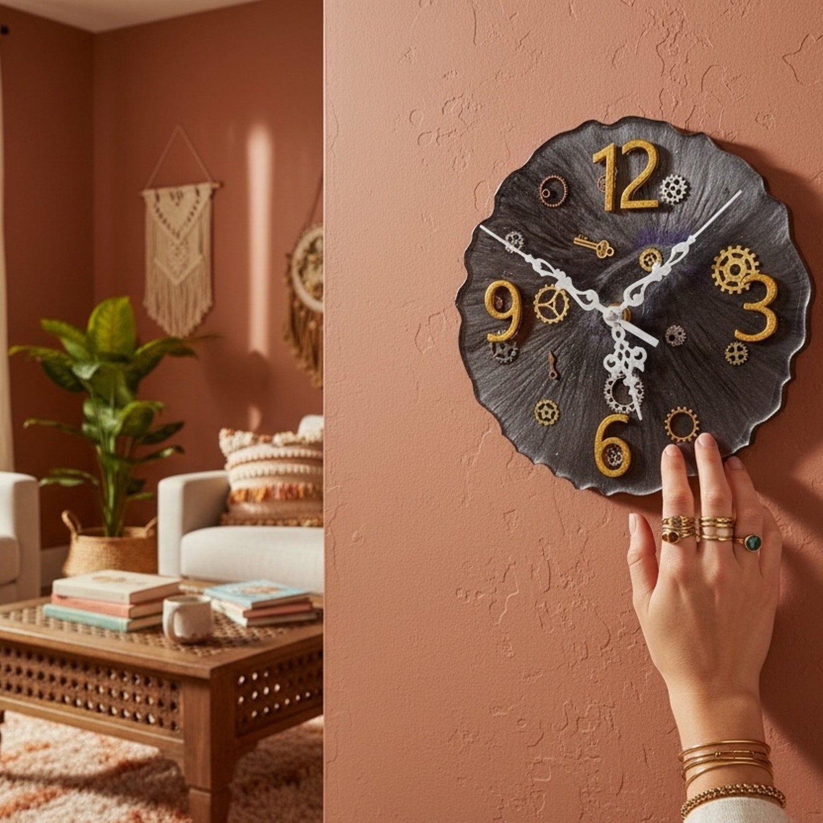 Steampunk Clock Gear Wall Decor Black Gold Industrial Handcrafted Epoxy Resin