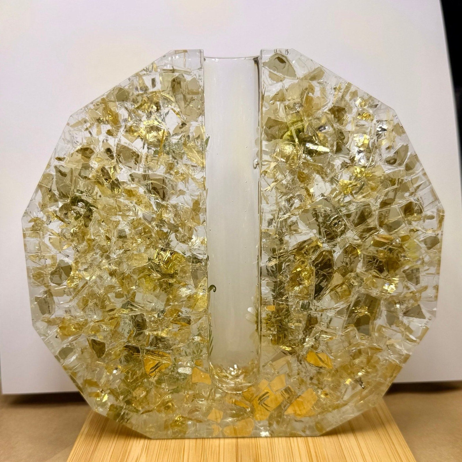 Handcrafted Resin Floral Vase Botanical with Gold Fireglass and Pressed Daisies